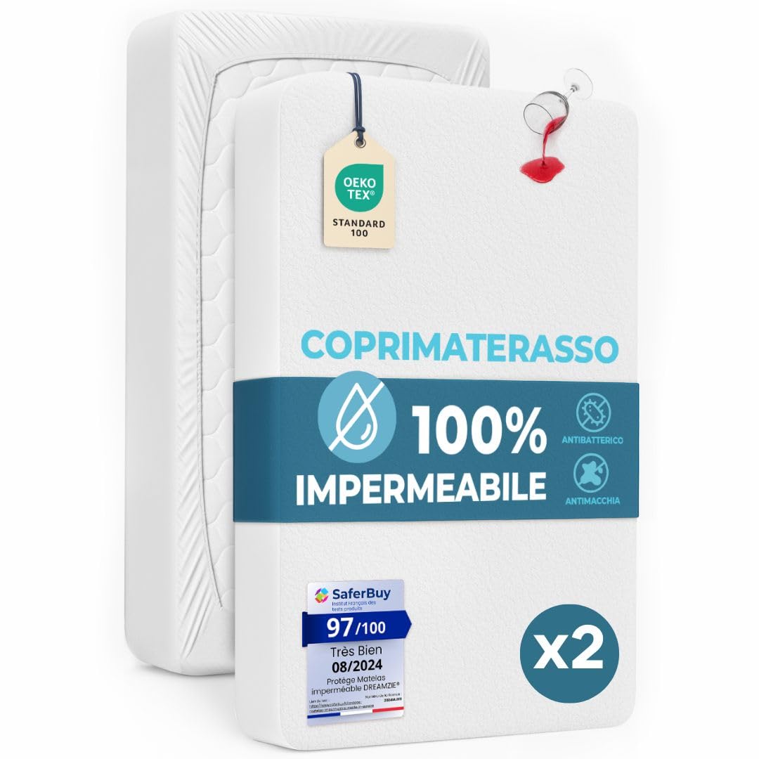 Dreamzie Coprimaterasso Singolo Impermeabile 80x190 cm per Bambini (set da 2) – Morbido e traspirante - Coprimaterasso Antiacaro Lavabile a 60°C – Certificato Oeko-Tex