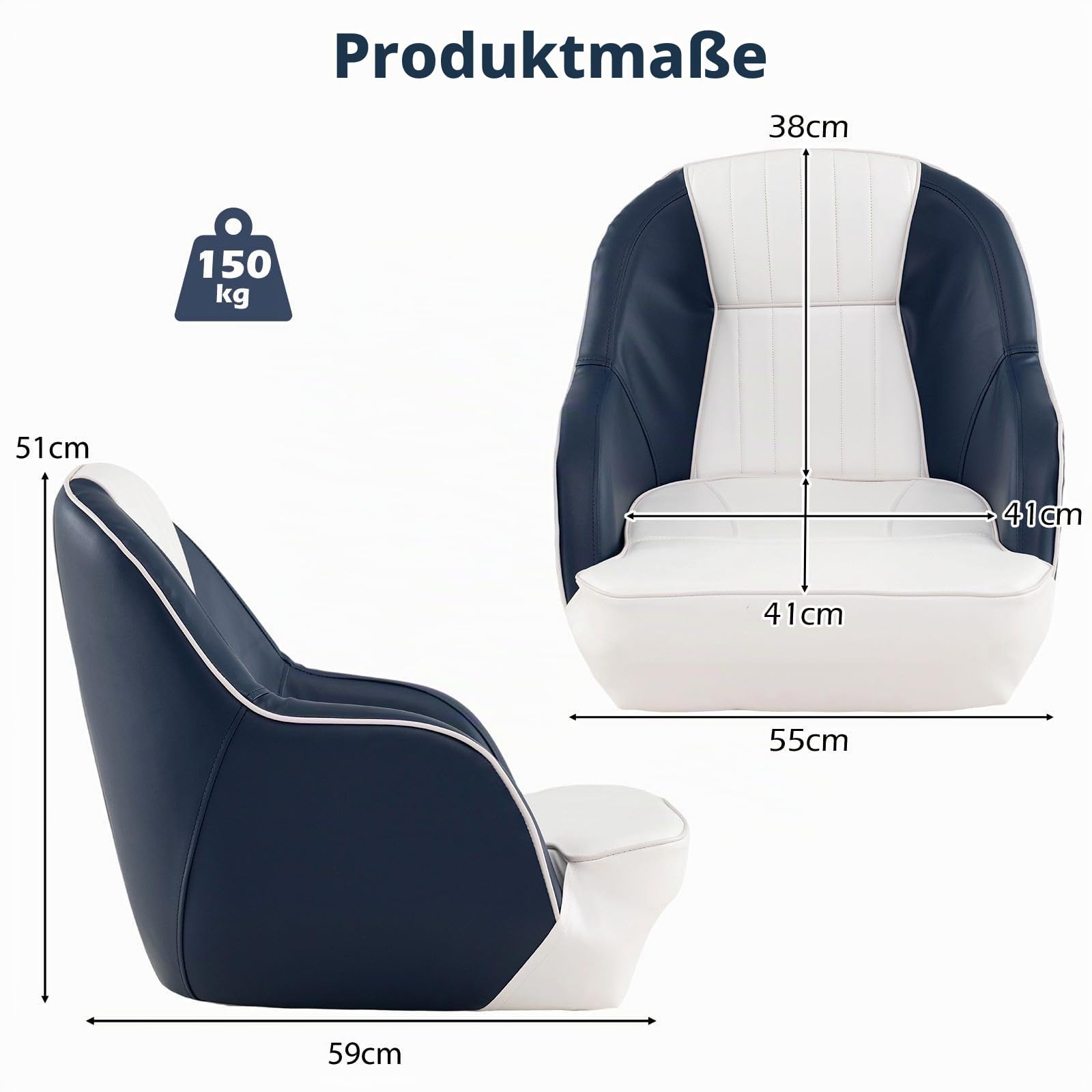 HOMASIS Bootssitz gepolstert, Bootstuhl mit Rückenlehne & Armlehnen, wasserdichtes Steuerstuhl aus PVC & Schaumstoff, mit dickem Sitz, bis zu 150 kg belastbar, Steuersitz für Boot (Weiß+Blau)