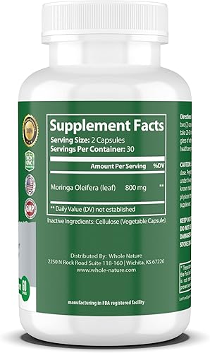 Miniatura 10 de Whole Nature Cápsulas de Moringa, 800 mg de hojas orgánicas de Moringa Oleifera en polvo Superalimento Verdes Pure Moringa Pills es un suplemento