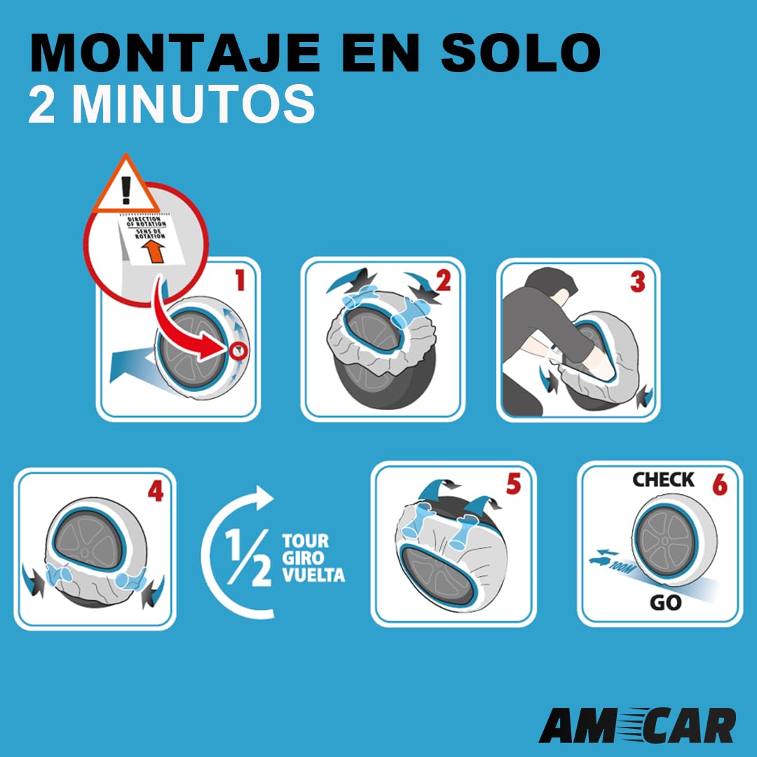 AMCAR - Calcetines de nieve textiles, talla M, homologados Italia EN 16662-1 – Cadenas de nieve de tela montaje 3 minutos – Snow Sock Auto SUV compatibles vehículos eléctricos – Tejido 3D protección