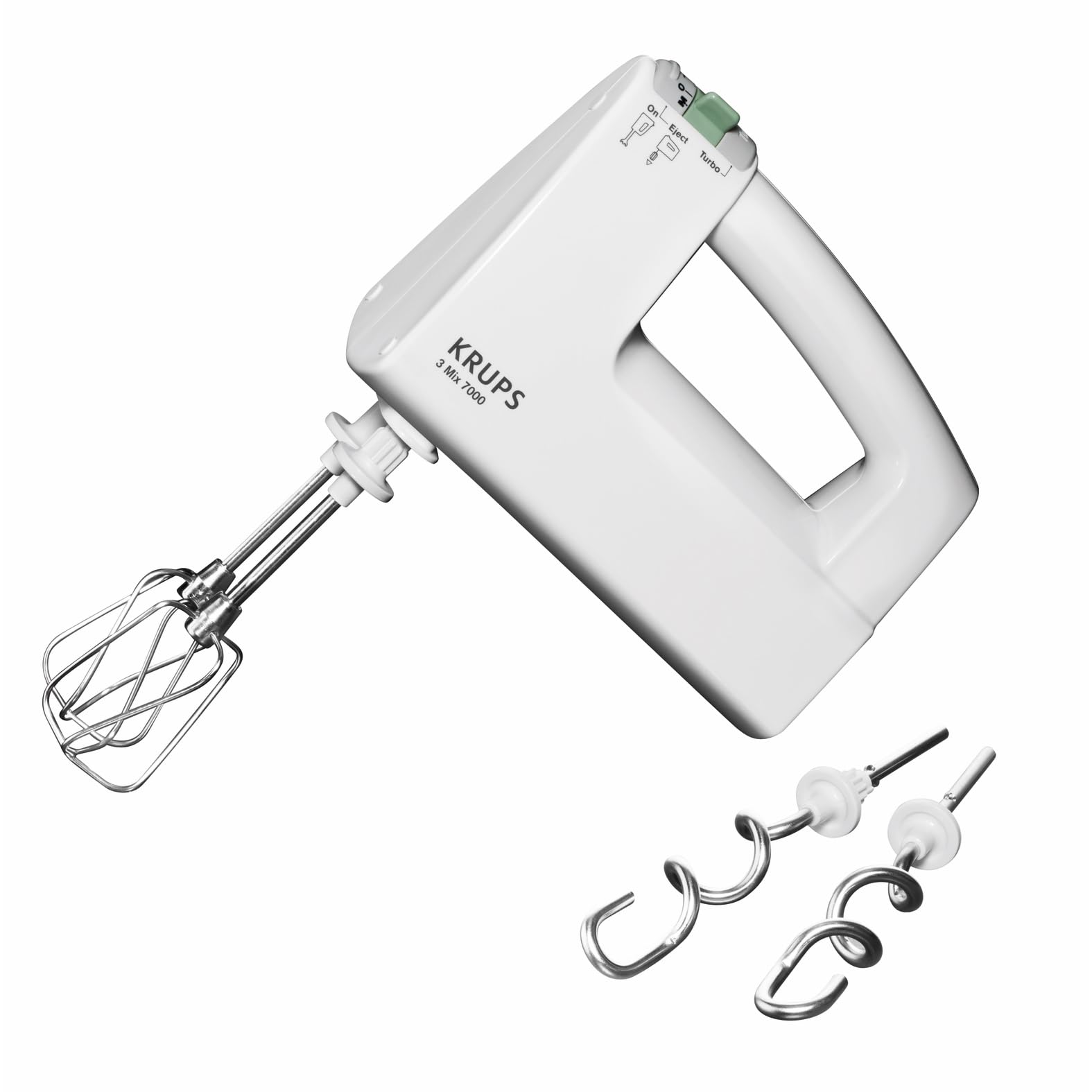 KRUPS 3MIX 7000 Handmixer, 500W, ergonomischer Griff des Mixers, stufenloser Geschwindigkeitsregler + Turbo- & Auswurftaste, Schneebesen & Knethacken aus Edelstahl, bis zu 1kg Brotteig, weiß, F6081