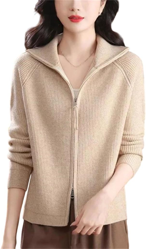 Women's Double Zipper Flip Collar Knitted Open Sweater Cardigan Long Sleeve Casual Warm Jumper