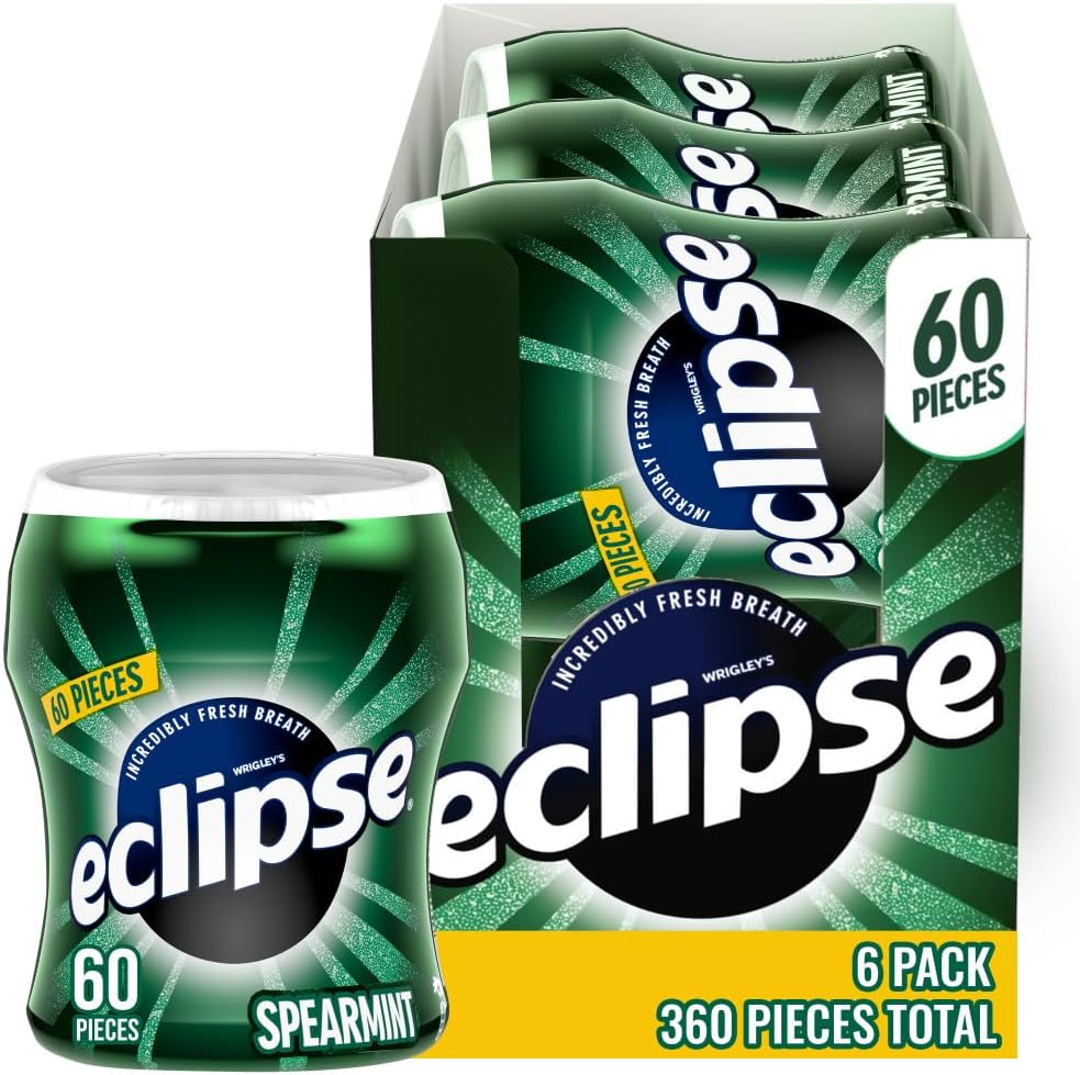 (6 Pack) ECLIPSE Spearmint Sugar Free Chewing Gum Bulk Pack, 60 Piece Bottle