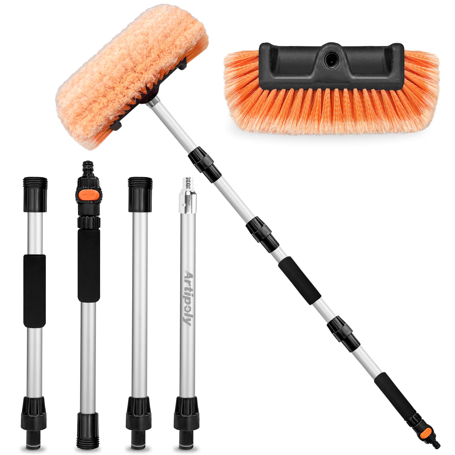 72" Car Wash Brush with Long Handle, Flow-Thru Soft Bristle Car Washing Brush with Extendable Handle and Hose Attachment and On/Off Switch for Car, RV, SUV, Truck, Boat, House Siding