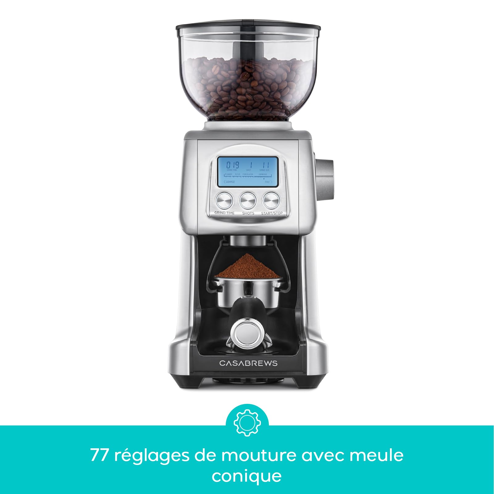 CASABREWS Moulin à café électrique, Broyeur Cafe Grain avec 77 Réglages de Mouture Précise, Moulin café Avec RéGlage De La Tasse Et De L'Heure, Du Porte-Filtre, écran LCD, 400g