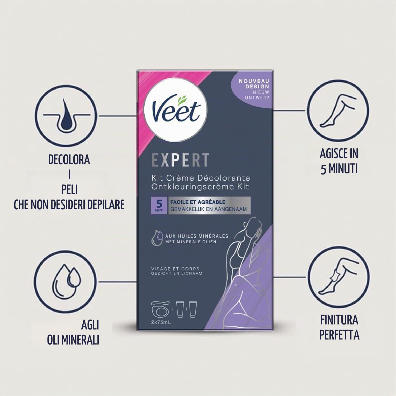 VEET Crema decolorante viso e corpo, 2 flaconi da 75 ml, confezione da 2