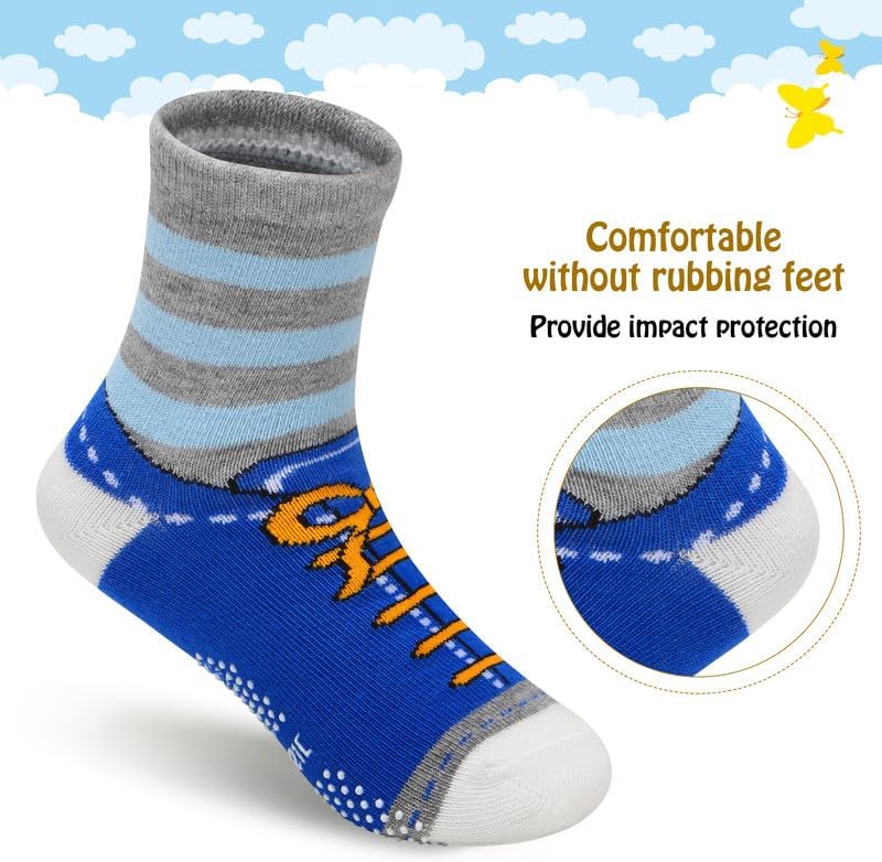 Padgene 10 Pairs Kids Boys Fun Novelty Socks Toddler None Slip Cotton Crew Dress Socks Cartoon Dinosaur Car Shark Stripes - Image 5