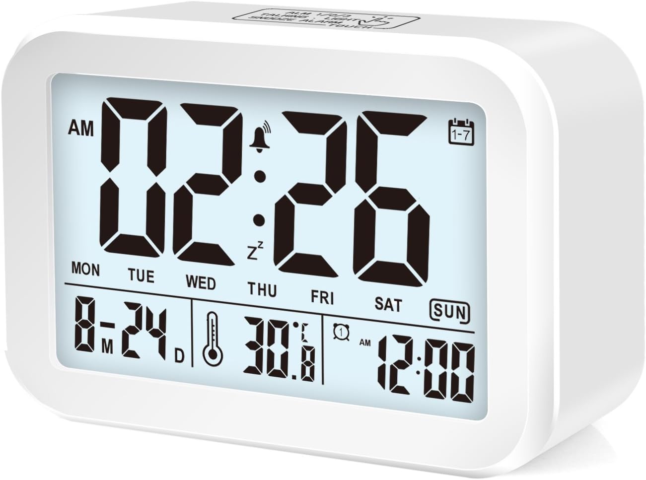 Ofuca Digital Alarm Clock, Battery Operated Clock,Multifunctional Clocks with 3 Alarms &7 Sounds, Perfect for Kids and Adults with Smart Lights Display Month, Date, Temperature, Travel Clock. (White)