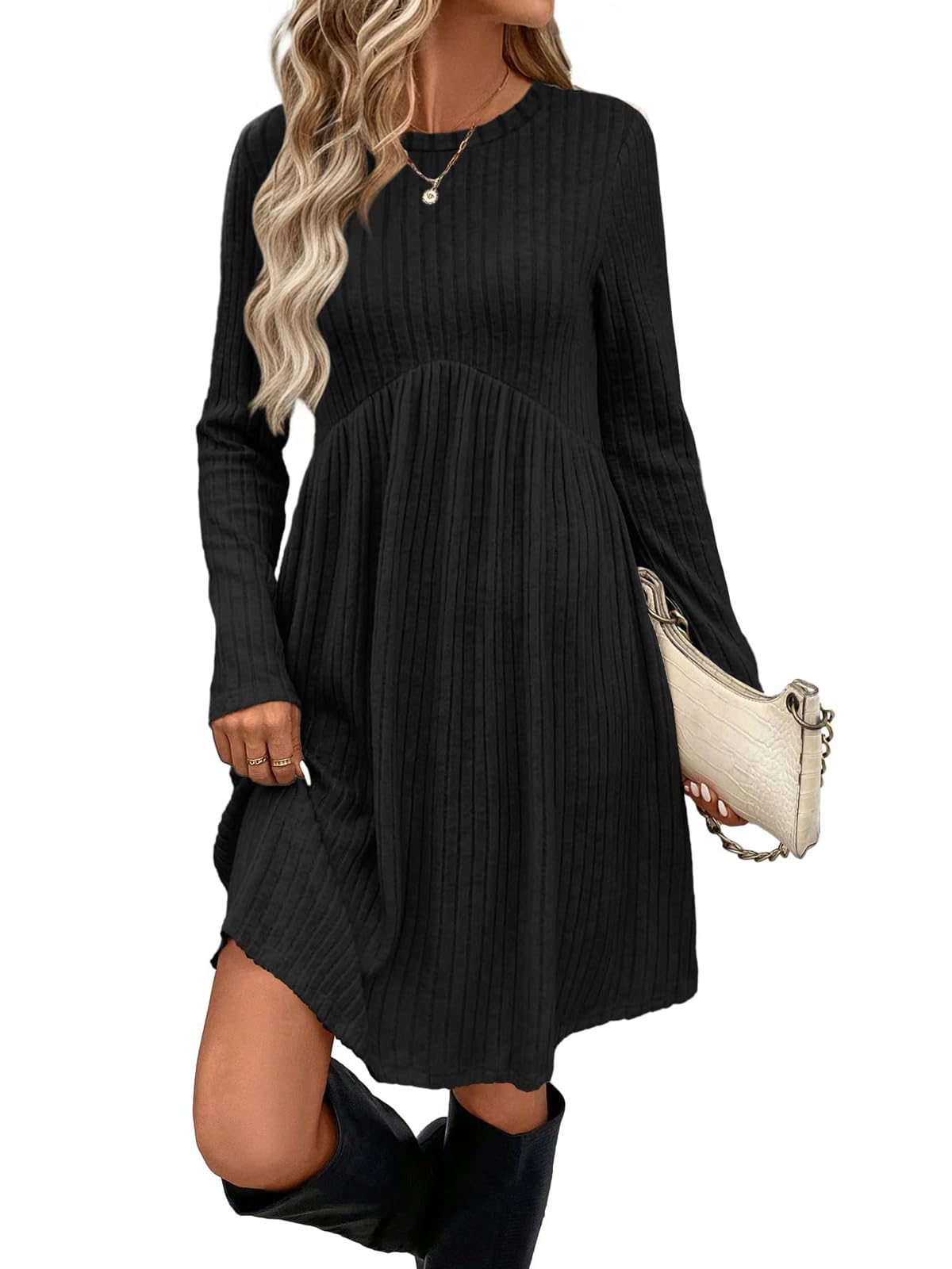 LIAMERHE Damen Elegant Kleid Langarm Rundhals Casual Strickkleid A-Linie Herbstkleid Vertikale Streifen Pulloverkleid Freizeitkleider Winter Kleid Partykleid mit Taschen