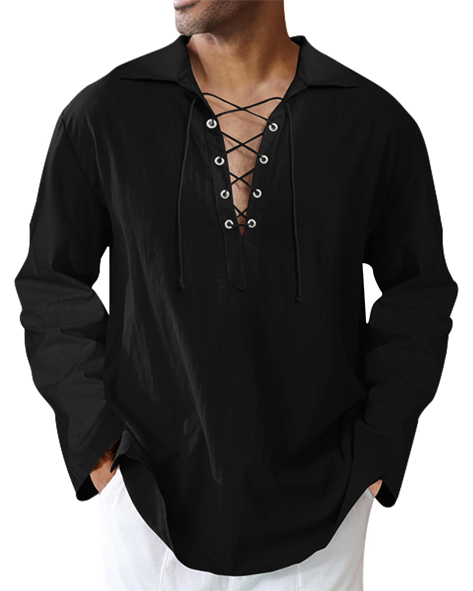 LVCBL Herren Mittelalter Hemd Viking Kostüm Leinenhemd Herren Langarm Piratenhemd M-3XL
