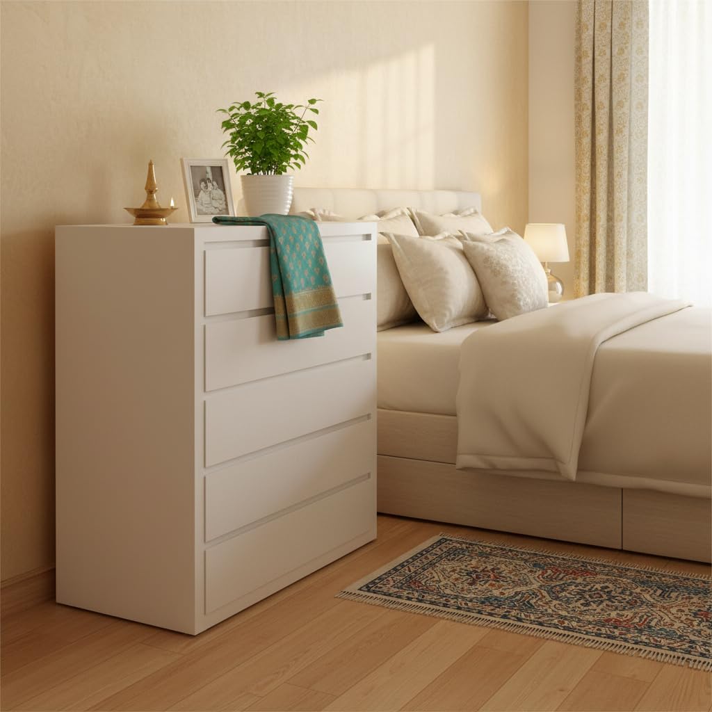 APRODZ Mango Wood Warsaw Chest of 5 Drawers Storage Dresser for Living Room Furniture (White Finish)-image-38