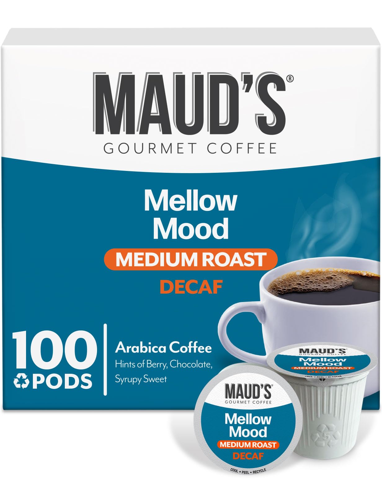 Maud's Decaf Medium Roast Coffee Pods, 100 ct, Decaffeinated Recyclable Single Serve Pods – 100% Arabica Coffee, Compatible with Keurig K Cups Maker