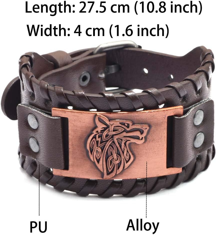 Juland Punk Braided Rope Alloy Bracelet Bangle Wristband PU Leather Bracelet Mens Leather Cuff Bracelet Wolf Head Wristbands Wide Cuff Leather Wrap Adjustable - 2PCS