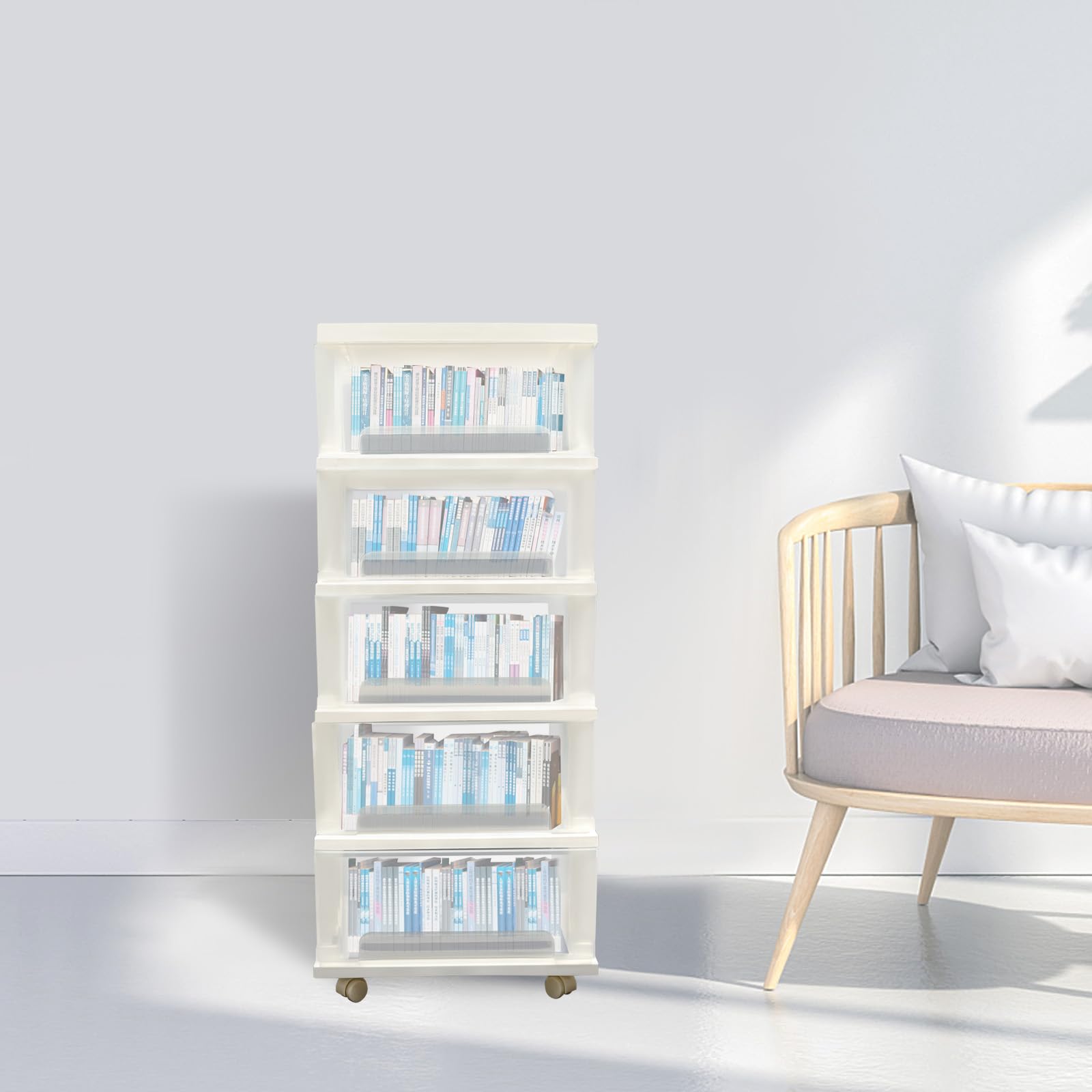 Cassettiera in plastica a 5 ripiani, con 4 ruote, organizer per cassetti, per ufficio, scuola, cancelleria, carta A4, libri di testo, gioielli, cosmetici, bianco, 40 x 33 x 98 cm