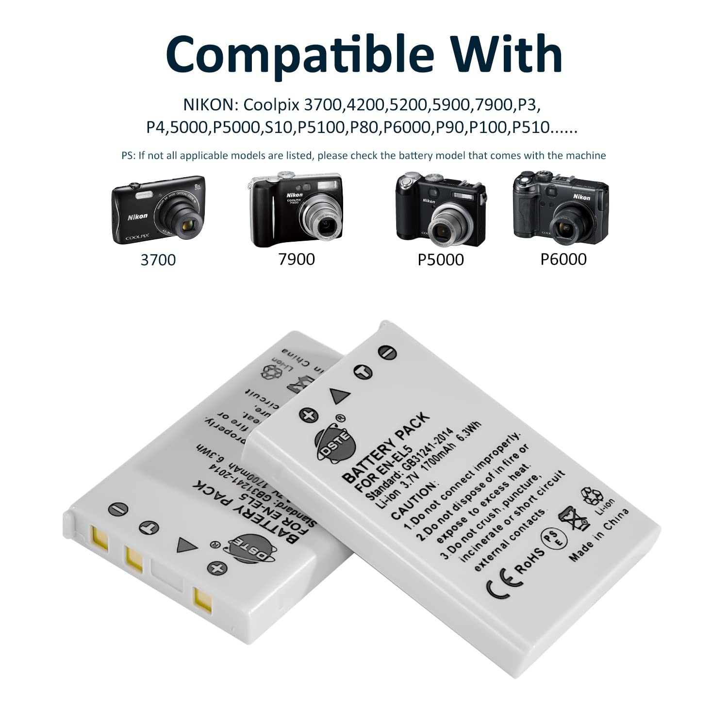 Batteria E Caricatore DSTE EN-EL5 Per Nikon | 2 Pezzi - Compatibile Con Coolpix P510, P530, P6000 E Altri
