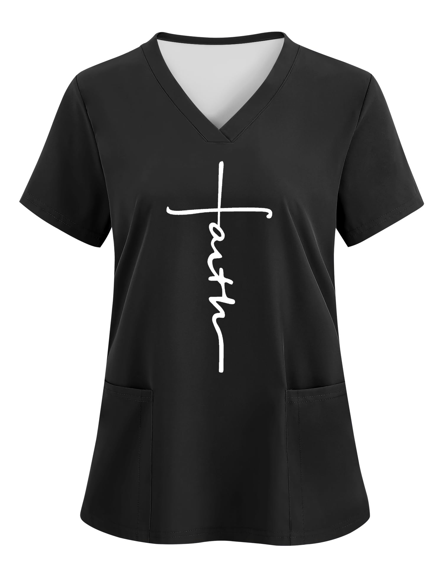 LOMON V Neck Print Scrub Tops for Women Short Sleeve Scrub Shirts Stretchy Holiday Nurse Uniform with 2
