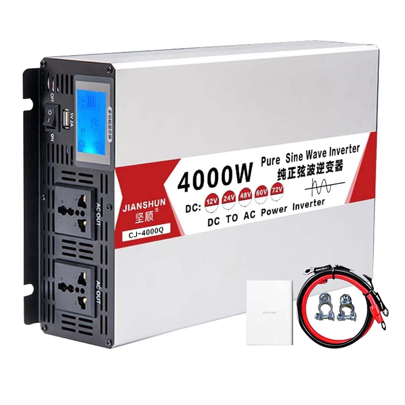 Przetwornica czystego sinusa 2000W (szczyt 4000W), konwerter 12V/24V/48V/60V DC na 120V/240V AC, przetwornica samochodowa, z wyświetlaczem LCD, 2 gniazdami AC i USB 48V