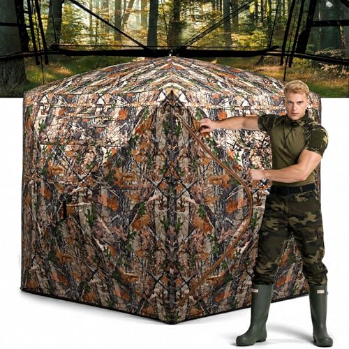 Hunting Blind 360 Degree See Through Ground Blind，2/3 Person Soft Material Pop-Up Camouflage Tent，Easy-Fold Portable Concealed Shelter with Carrying Bag