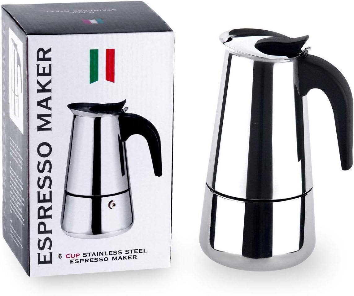 - Saiyam Stainless Steel Espresso Maker Stovetop Coffee Percolator Italian Coffee Maker Moka Pot (6 Cup, Silver)