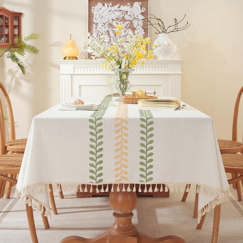 Lifetooler Table Cloths Rectangle Cotton Linen Tassel Tablecloth Waterproof Wrinkle Free Table Cover for Kitchen Dinning Tabletop Decoration(White,55 x 71 Inch)