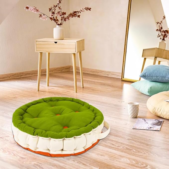Encasa Homes Round Floor Cushions 50 cm - Orange & Green (Multicolour) Canvas with Cotton Filler, Large Size for Seating, Meditation, Yoga, Pooja, Guests, Living Room, Bedroom, Kids & Outdoor