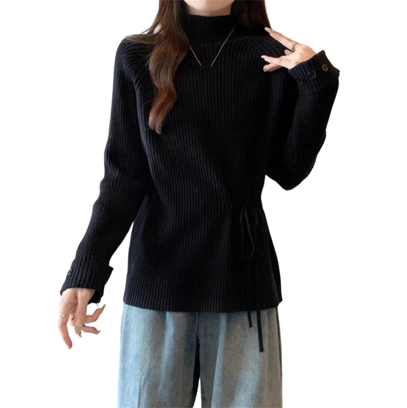 Sweter Damski Z Dzianiny, Z Półwysokim Dekoltem, Sznurowany, Z Długim Rękawem, Luźny, Swobodny, W Stylu Koreańskim-Black-Medium