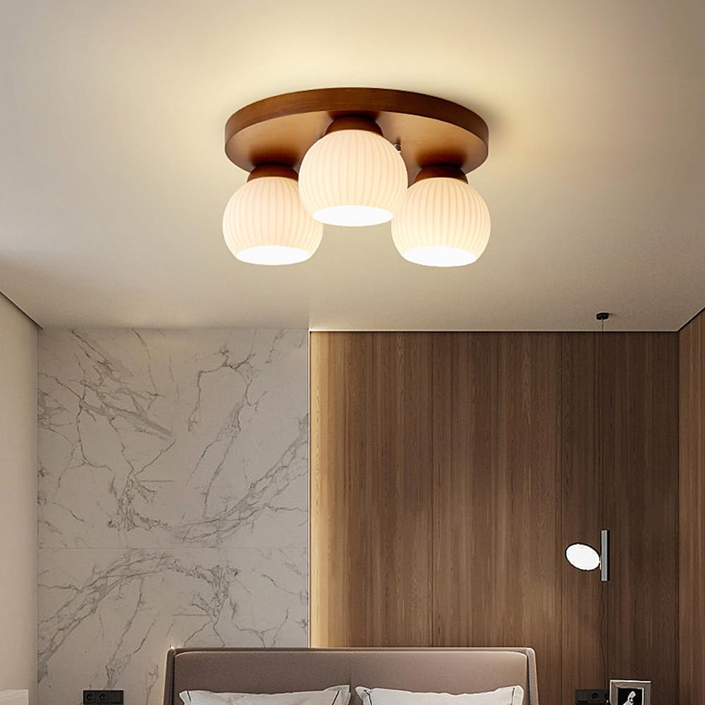 Nowoczesna lampa sufitowa do montażu podtynkowego, drewniana oprawa sufitowa ze szklanym kloszem, zabytkowa okrągła drewniana lampa sufitowa do przedpokoju kuchennego, sypialni, pralni, salonu