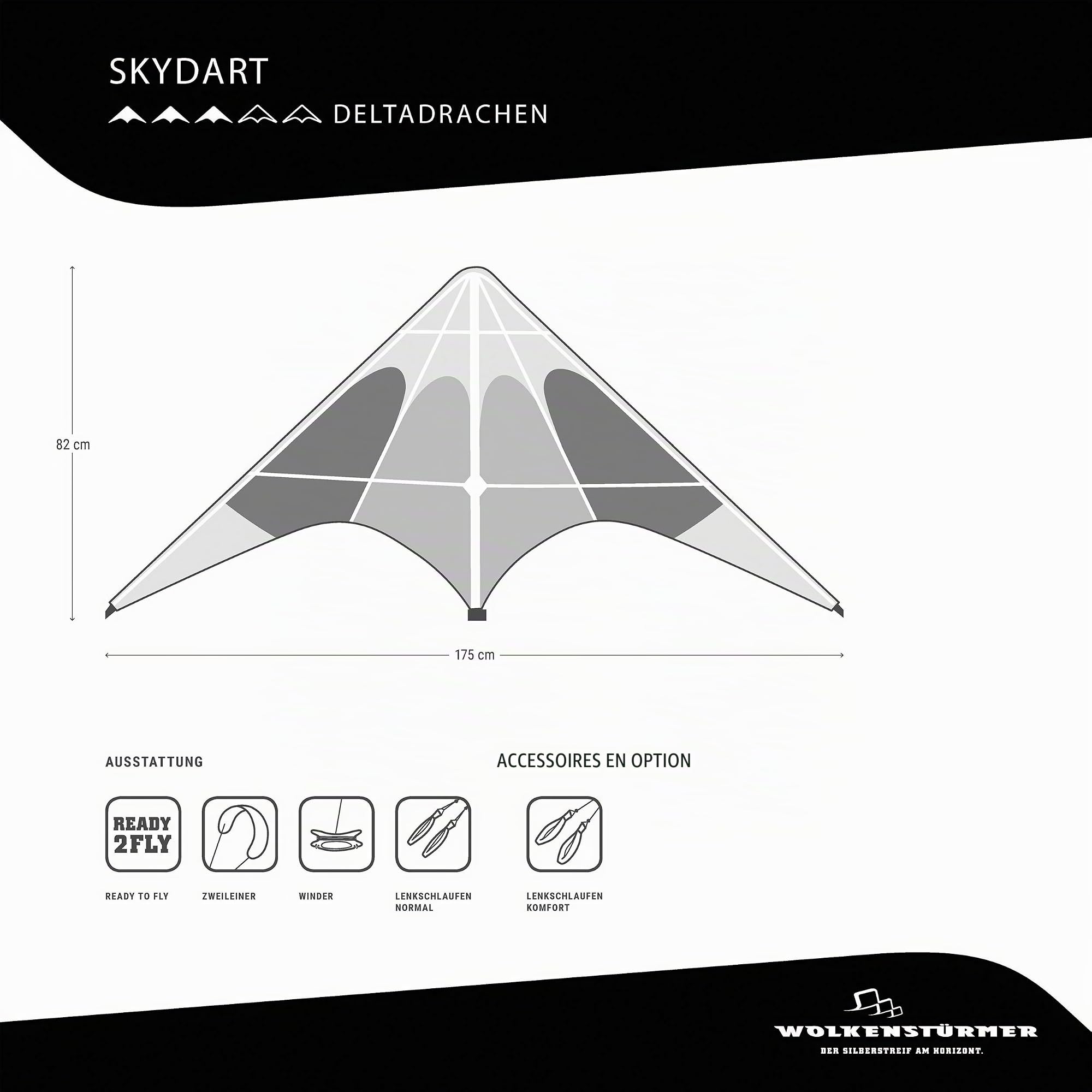 Wolkenstürmer Skydart Cerf-Volant avec Armature en Fibre de Verre Noir – Kit pour débutants et confirmés