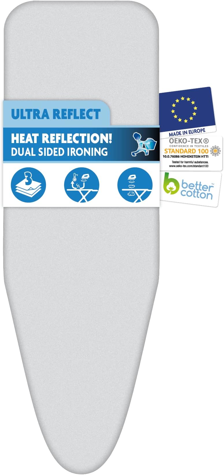 LAUNDRYSpecialist ULTRA REFLECT IRONING BOARD COVER - Heat reflective - 100% BCI COTTON 130x45 CM – Available in two sizes - equipped with exceptionally thick molton layer – Extra Ironing comfort