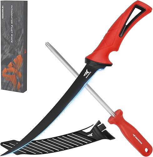 KastKing Intimidator Cuchillo de filete con acero afilador, cuchillas de acero inoxidable alemán ultra afiladas G4116, mango antideslizante, funda