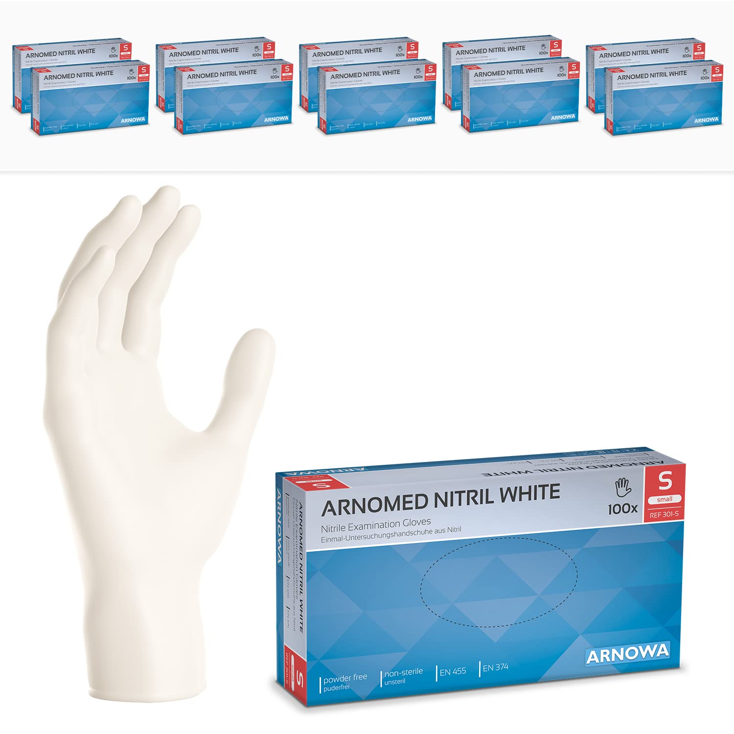 1000x ARNOMED® Guanti nitrile S Bianco, Guanti monouso senza polvere e lattice, Guanti plastica usa e getta dermanytril, Per cucina, pulizia casa, alimenti e tattoo XS, S, M, L, XL