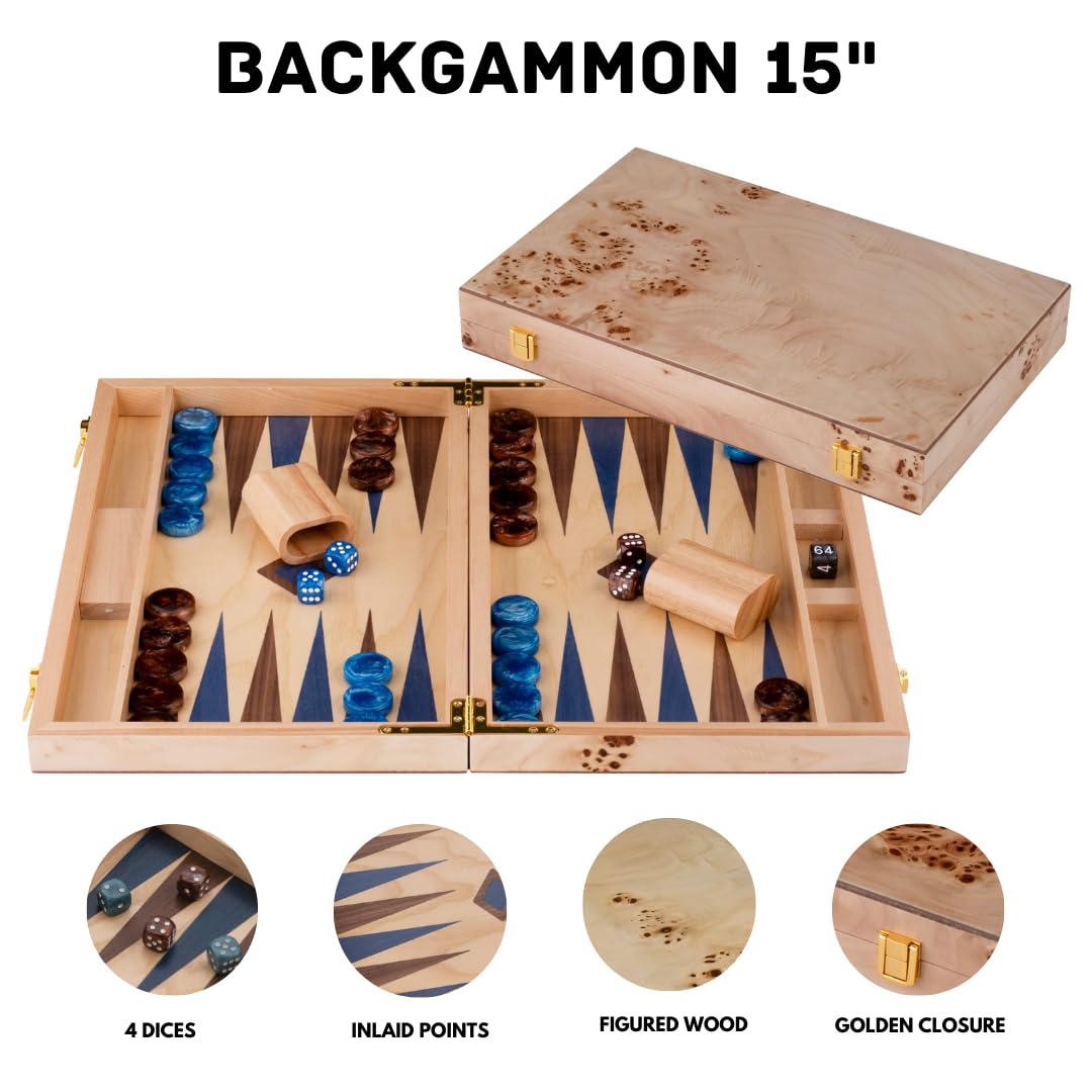 Engelhart-250552, Backgammon Wooden 15 Inch (38 cm) Luxury Burl Wood Case Walnut Inlay, Open 48 × 38 cm, Blue/Brown Pieces - Image 2