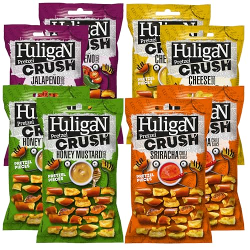 Huligan Pretzels Pieces Multipack Crisps 65g x Pack of 8 - Baked Pretzel Thins Savoury Snacks Bulk Healthy Vegetarian Snack Box Honey Mustard Sriracha Sauce Cheese Jalepenos Crisps Multipack
