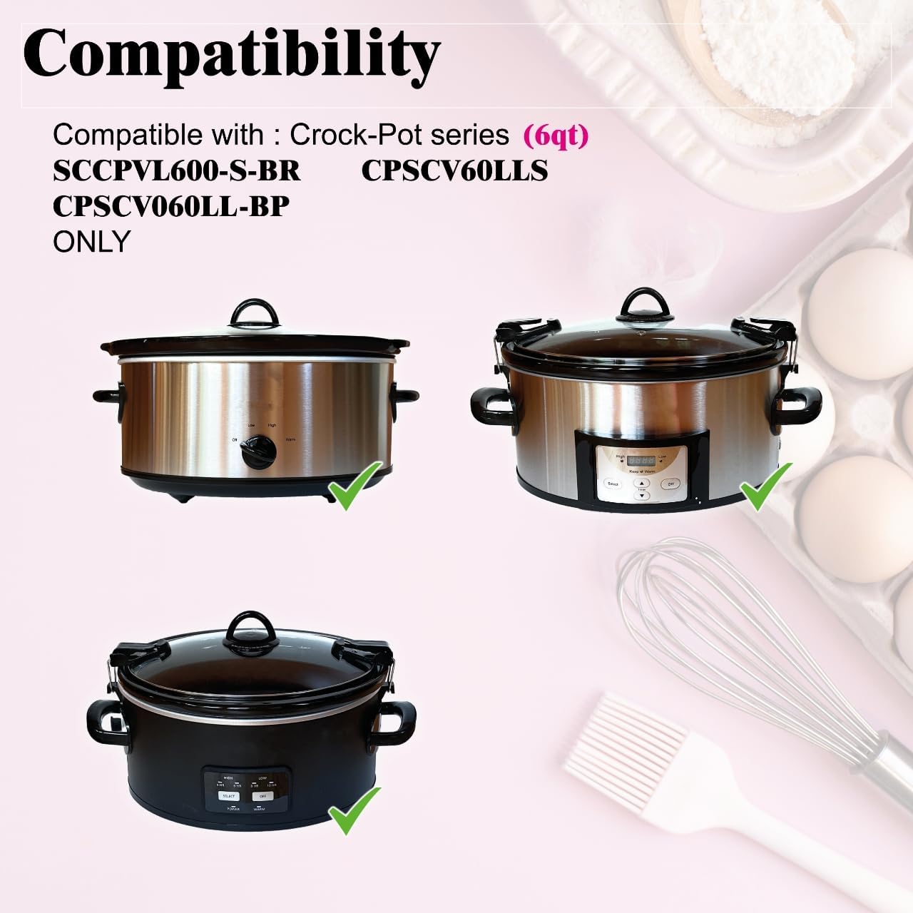6qt Oval Lid (with silicon ring) Replacement ONLY Compatible with CrockPot Slow Cooker SCCPVL600-S-BR CPSCVLL-BP CPSCVC60ll-S CPSCV70LLEC-DS