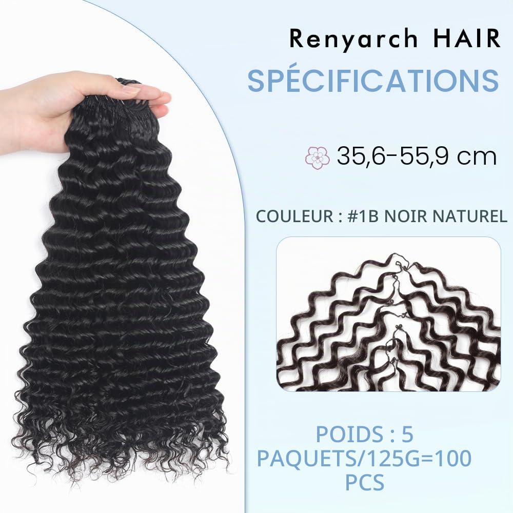 Renyarch Feather Crochet Human Hair Bundles 14 Pouces Deep Wave Meche 125g 100 Pcs Noir Naturel Wet and Wavy Invisible Crochet Bouclé Naturel Cheveux Humain Curly
