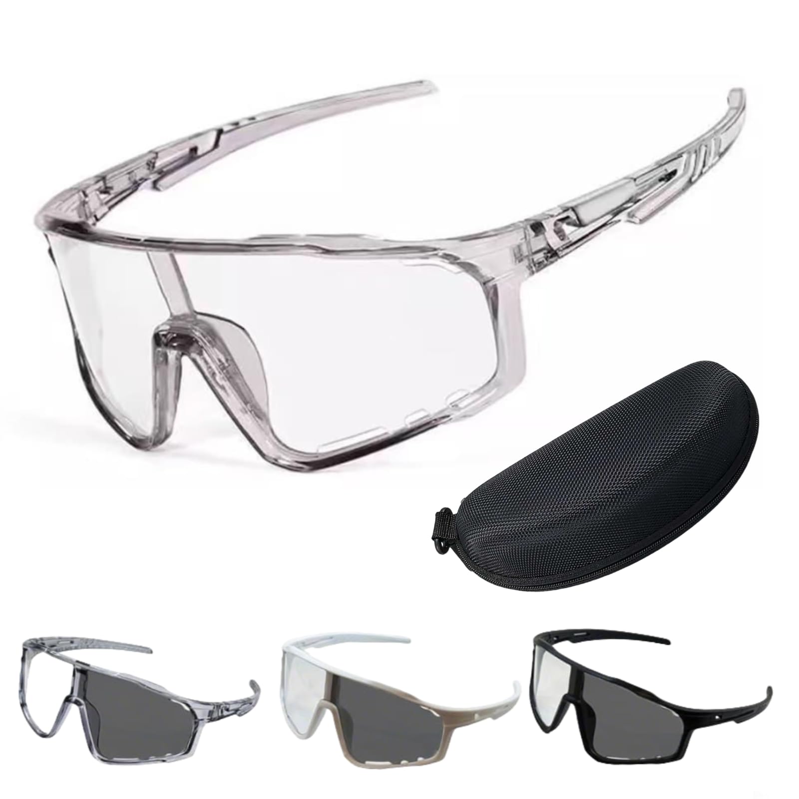 2026 New Photochromic Cycling Sunglasses, Bold Square Full Rim Sport Riding Glasses with UV400 Protection Safety Transition Glasse with Hard Case Set for Sports & Work (Gray)