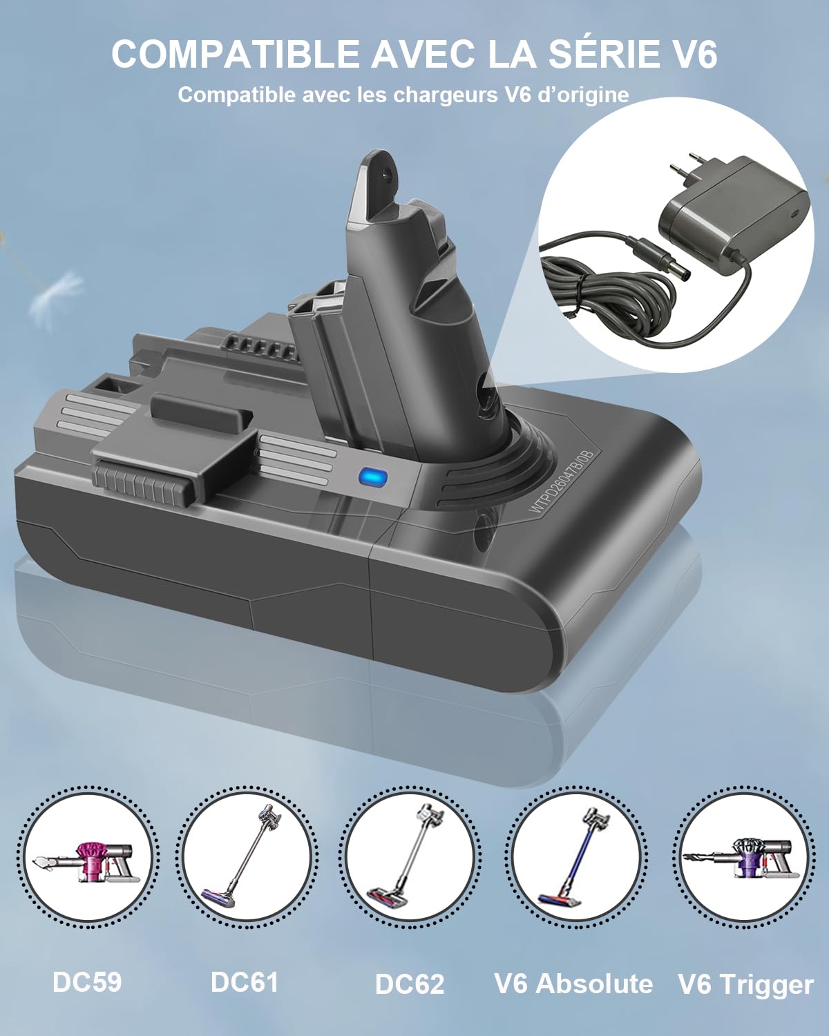Waitley Batterie pour Dyson V6 6000mAh, sans Vis, 2 Filtres Lavables | Pour Dyson V6 DC58/DC59/DC61/DC62/SV03/SV09; batterie Li-ion 6000mAh à fixation par boucle avec 2 préfiltres