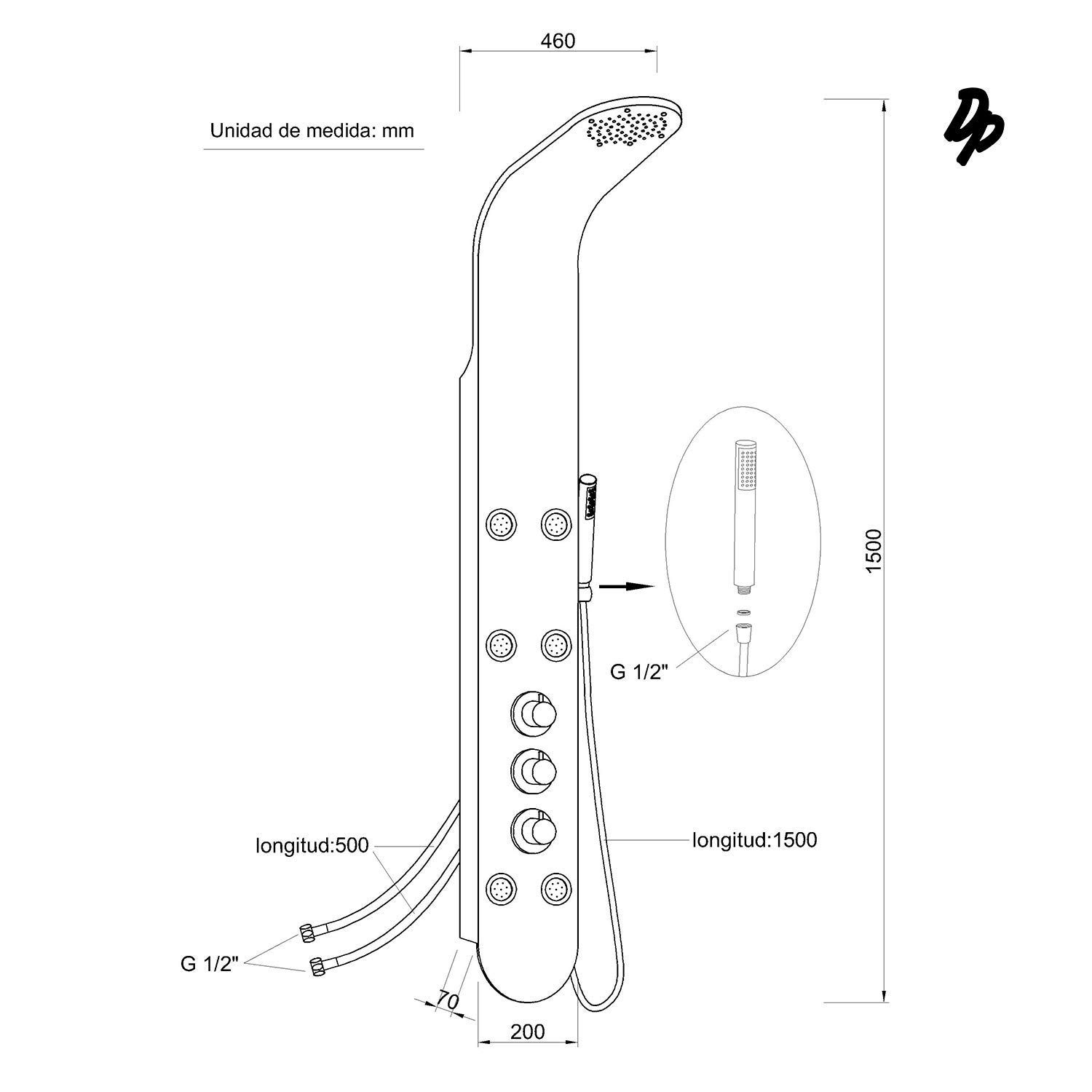 DP Grifería Dominicana- Columna de hidromasaje termostática en aluminio blanco