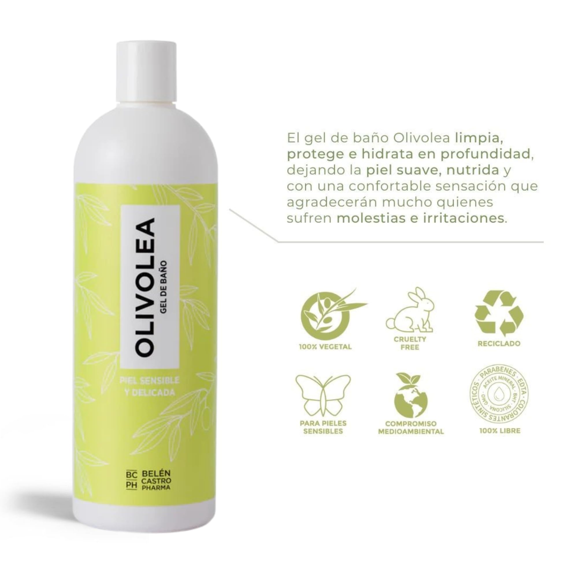 OLIVOLEA Gel de Baño Piel Sensible y Atópica - Hipoalergénico pH Neutro - Apto para Bebés y Recién Nacidos - Con Activos Naturales - 500 ml