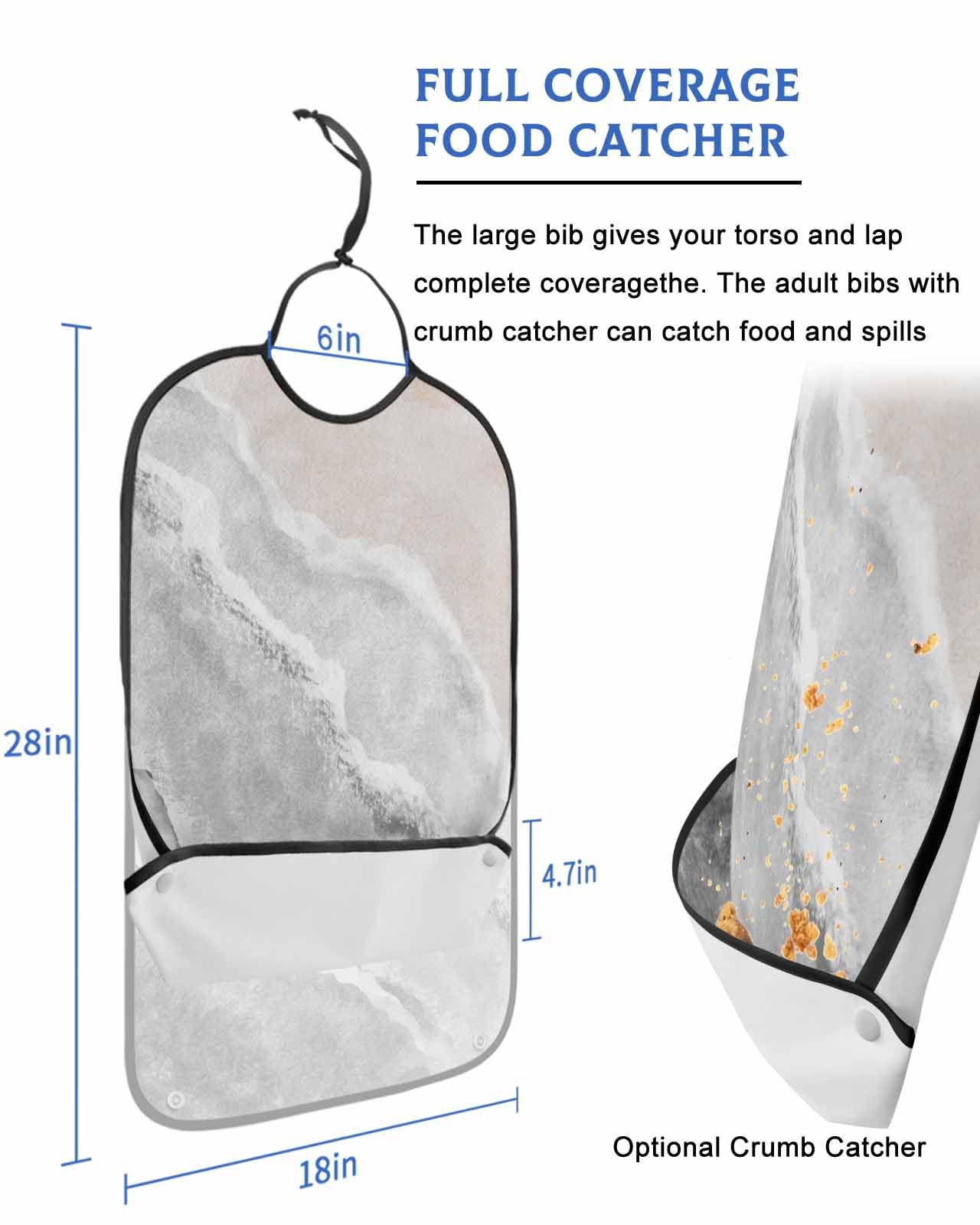 LEOKOTI Grey Summer Beach Adult Bibs for Eating, Waterproof Bibs with Food Catcher & Adjustable Snap Closure, Coastal Nautical Ocean Seaside Washable Clothing Protectors Adult Bibs for Elderly
