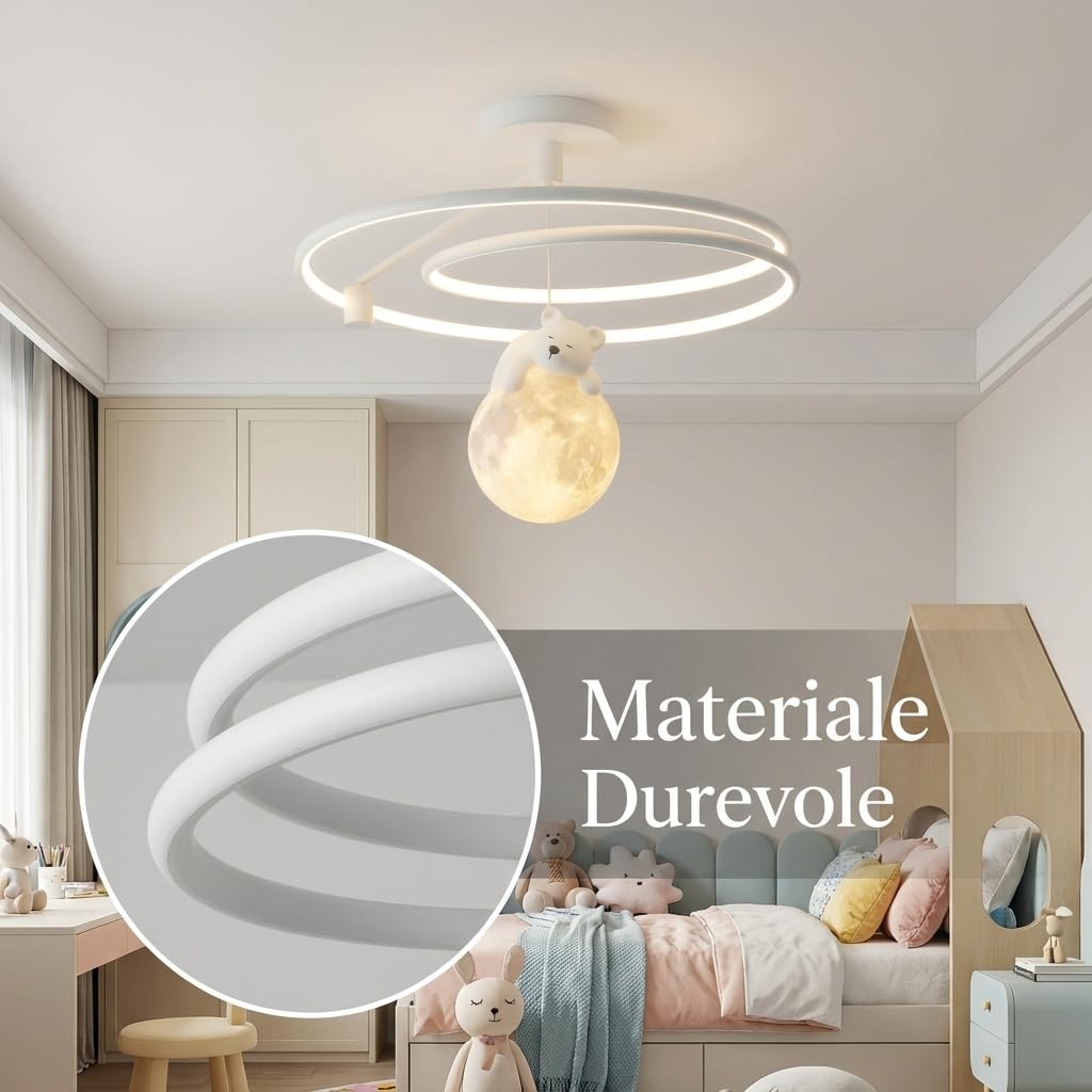 MAKA Lampadario LED Cameretta Bambini 60W Dimmerabile con Telecomando, Orsacchiotto sulla Luna, Luce Calda Naturale Fredda 3000K–4200K–6400K, Bianco, Plafoniera 15 cm, Ø 50 cm (60 Watt)