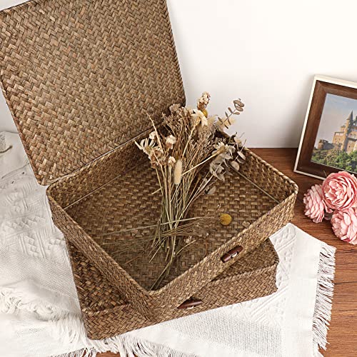 Image of Hipiwe 2 Packs FLat Woven Wicker Basket Bin with Lid, Large Seagrass Baskes
