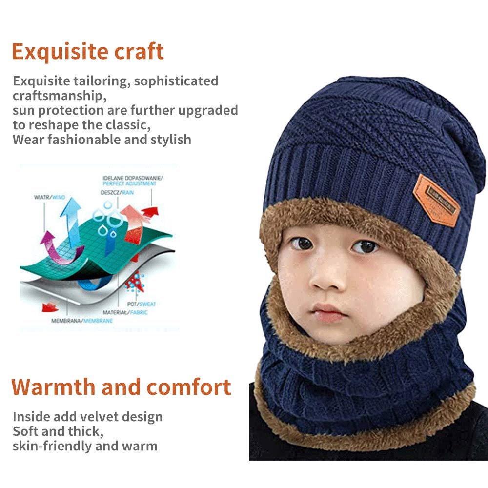 Gorro y Bufanda Niño, Conjunto Gorro y Bufanda de Punto 2 en 1, Gorro y Bufanda de Invierno con Forro Polar para Niños y Niñas