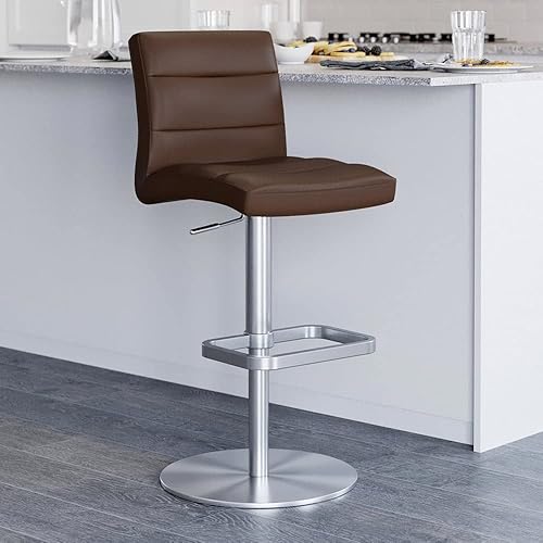 ZURI Taburete de bar moderno de altura ajustable marrón exuberante con base plana redonda cepillada