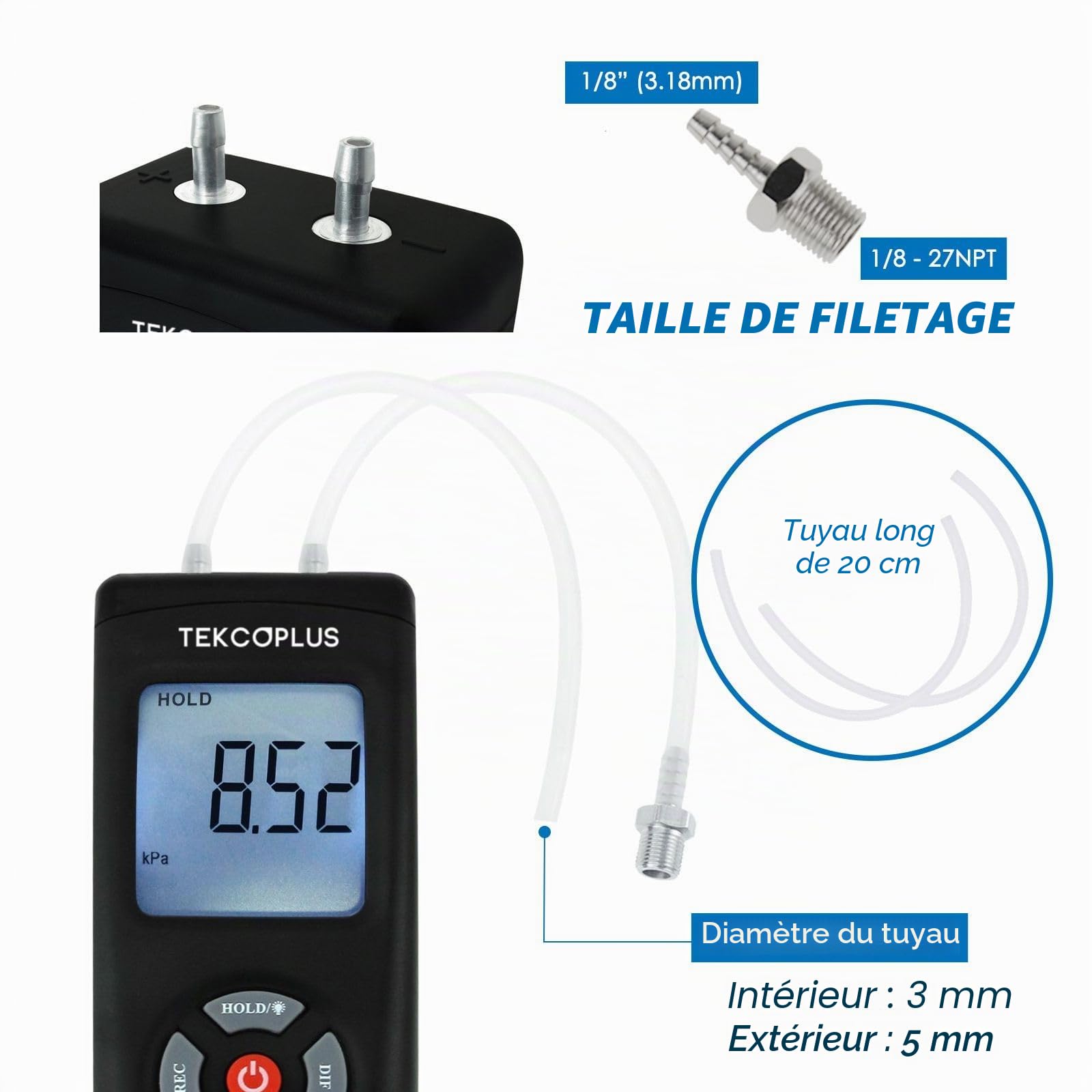 Manomètre, Testeur de Pression du Gaz à Double Port, Manomètre Numérique Professionnel pour HVAC, Mesureur de Pression de l'Air, Manomètre Différentiel avec Écran LCD Rétroéclairé, Tuyau de Rallonge