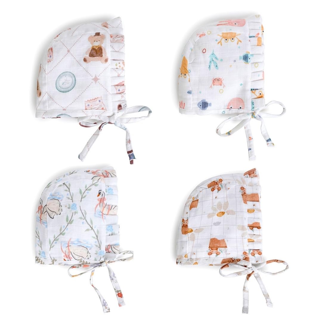 the boo boo club 100% Muslin Organic Cotton Caps for New Born Baby | Mix Print and Colour | Pack of 4 | New-Born | SET39 Multicolour-picture-17