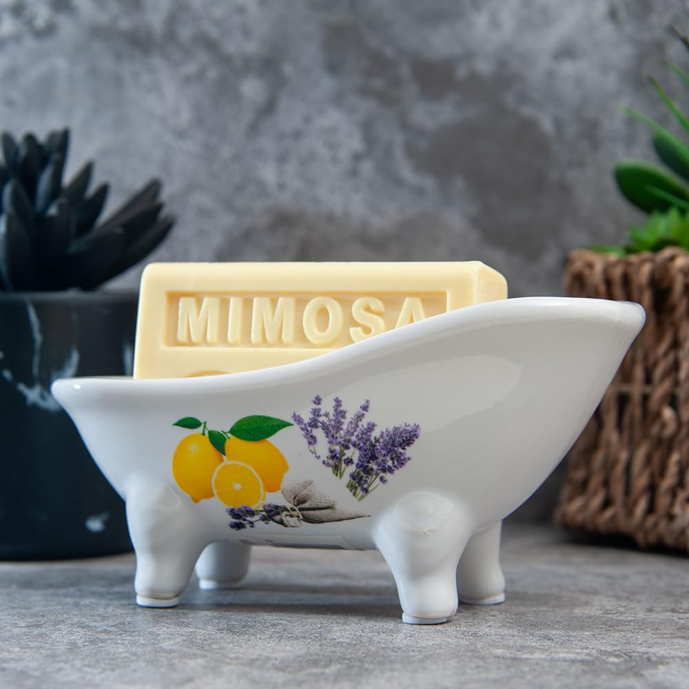 Label Provence Nature Multicoloured Savon De Marseille Soap Dish - French Vintage Style Ceramic Clawfoot Bathtub - Self Draining - Perfect For Bathroom Kitchen Or Home Decor - Lavender & Lemon -14.5 X 7 X 6.5Cm