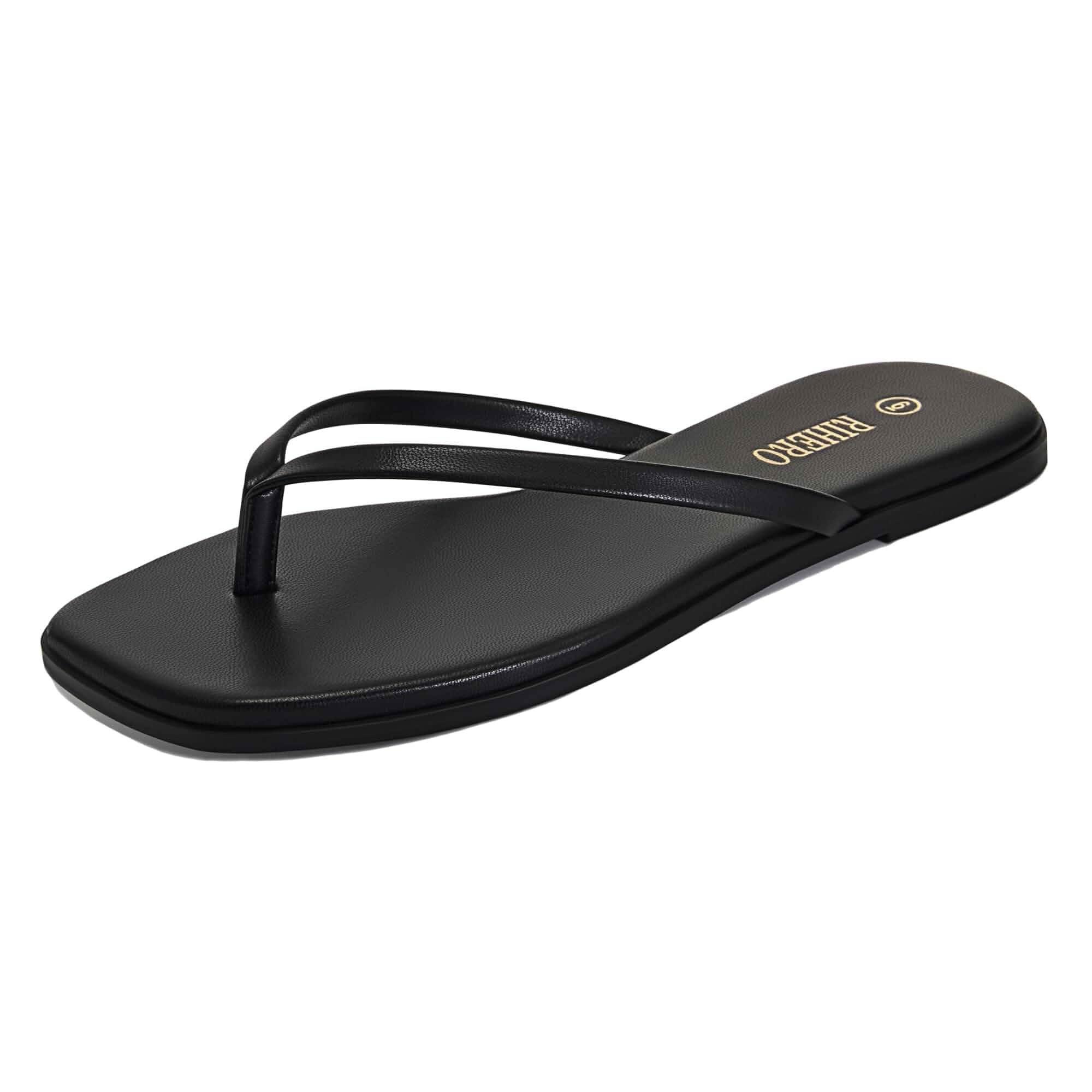 Rihero Women's Square Toe Flip Flops Thong Flat Sandals Comfortable Leather Cushioned Footbed, Slip On, Ideal for Summer Casual Outing, Beach Vaction, Daily Wear