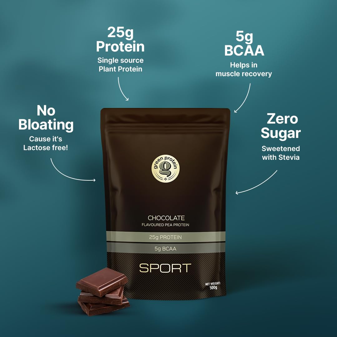 GREEN PROTEIN Sport Plant Protein Isolate Powder, 25gm Protein, 5g BCAA Per Serving, No Added Sugar | Soy Free, Dairy Free, Gluten Free, Allergen Free, Chocolate Flavor, 500g — Amazon image 3