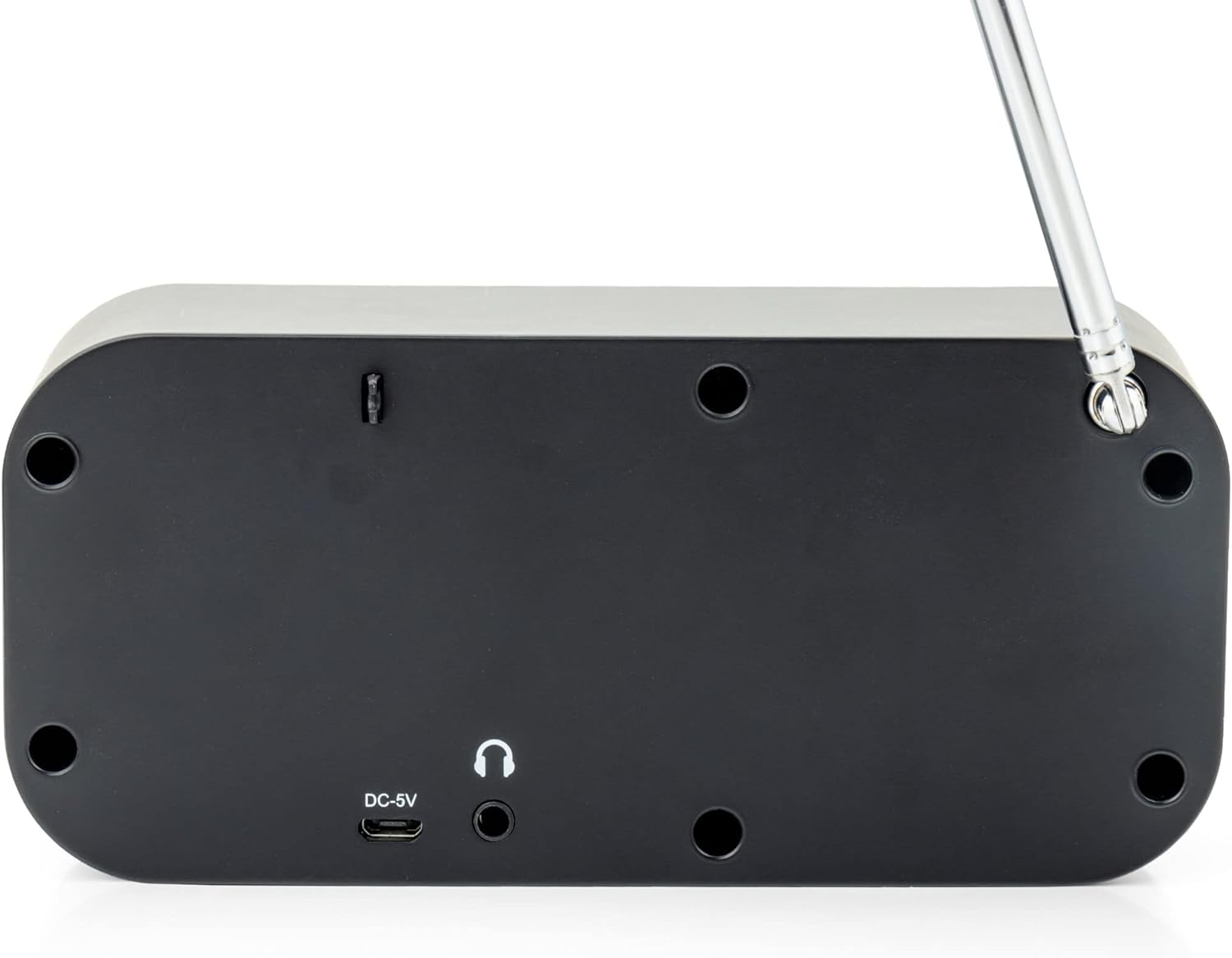 Фронт view of Caliber HPG318DAB radio showing LCD screen, speaker, and control buttons